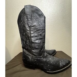 Lama Ostrich Cowboy Boots Black Mens 8 Western Quill Leather Statement